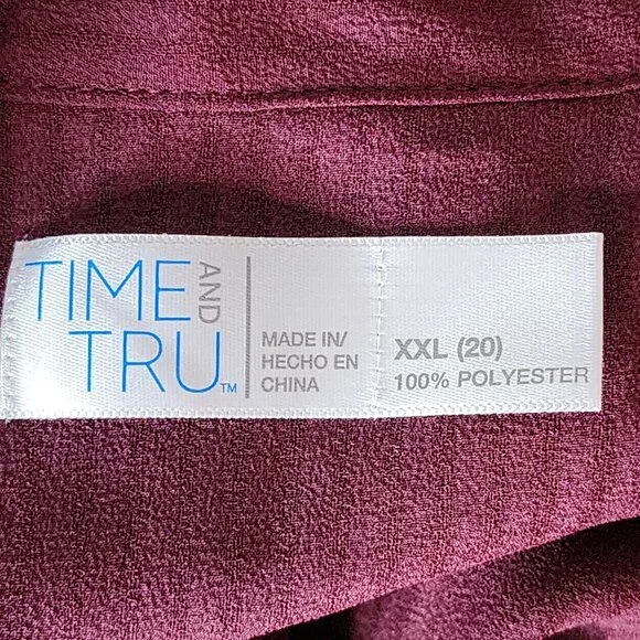 Time & Tru Metropolis Burgundy LS Tie Neck Poly Relaxed Fit Button Up Top Sz XXL - Picture 14 of 16